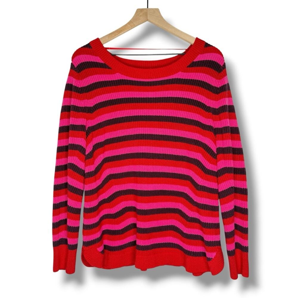 Lane Bryant Plus Size 18/20 Ribbed Stripe Sweater Red Pink Curved Hem Crewneck